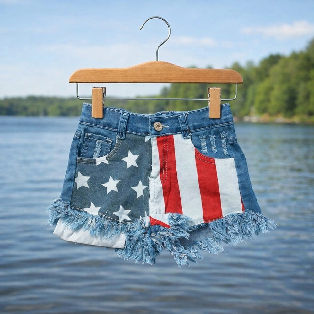 Girls' Flag Print Frayed Denim Shorts - Blue, Red & White